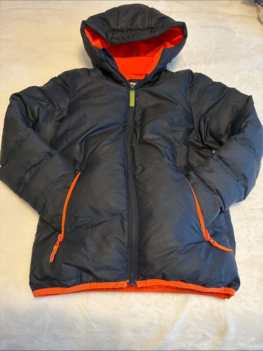 Kids Champion Hooded Puffer Jacket in Navy with Orange Trim, Good Condition 8/10